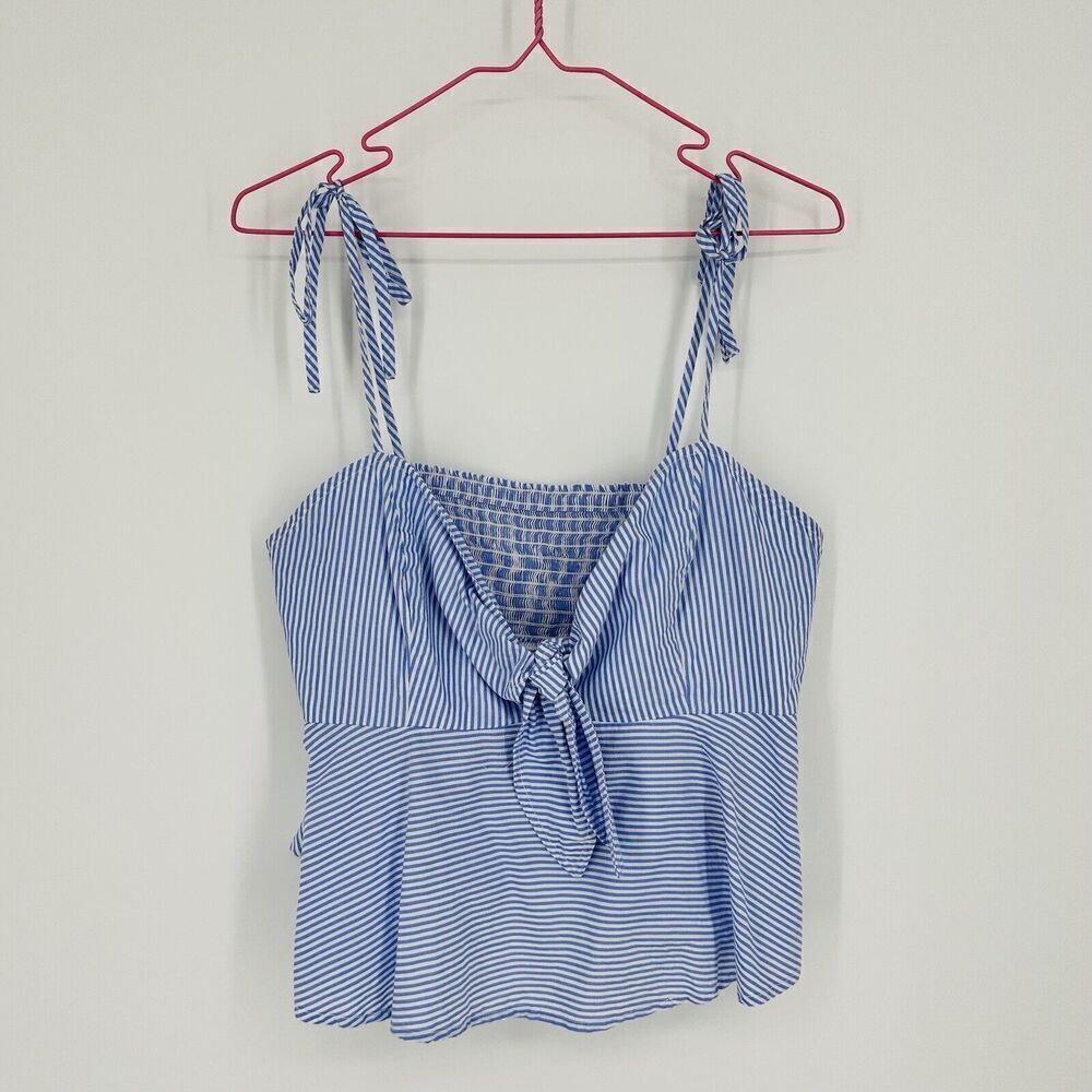 Maeve by Anthropologie Knot Front Peplum Tank Top Tie Strap Striped Blue Size 8 - Picture 4 of 10